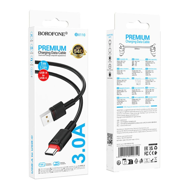 Cablu USB la Type-C premium, 3A, 1m Borofone Beneficio, negru, BX110