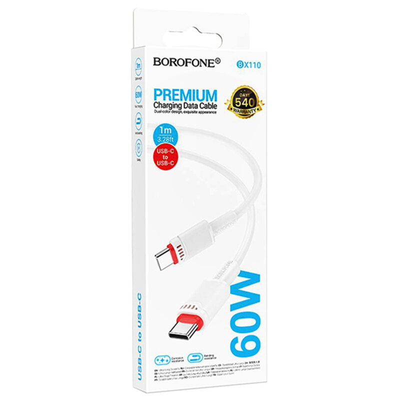 Cablu Type-C premium, 60W, 1m Borofone Beneficio, alb, BX110
