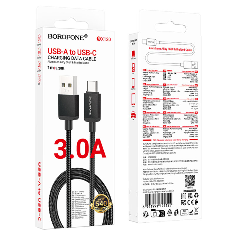 Cablu date USB, Type-C, 3A, 1m Borofone Placer, negru, BX120