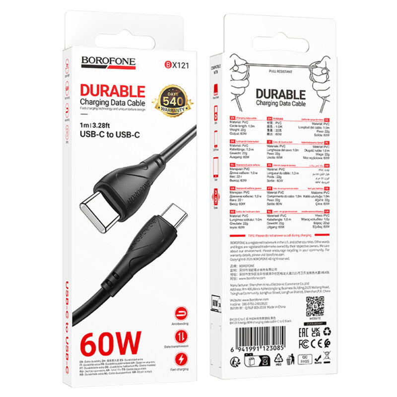 Cablu de incarcare Type-C 60W Borofone Energy, negru, BX121