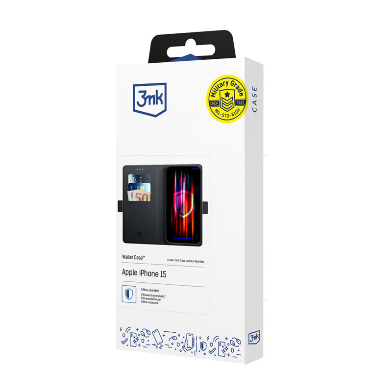 Husa iPhone 15 3mk Wallet Case, negru
