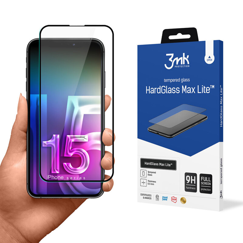 Folie sticla iPhone 15 3mk HardGlass Max Lite, negru