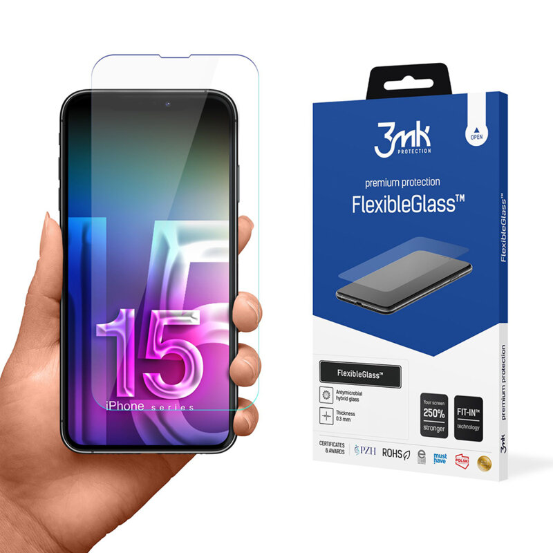 Folie iPhone 15 3mk FlexibleGlass, transparenta