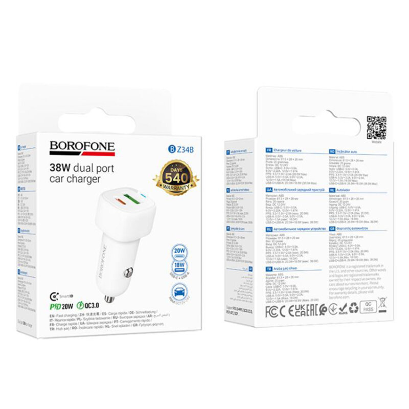 Incarcator auto dual port USB, Type-C 38W Borofone Cloud, BZ34B, alb