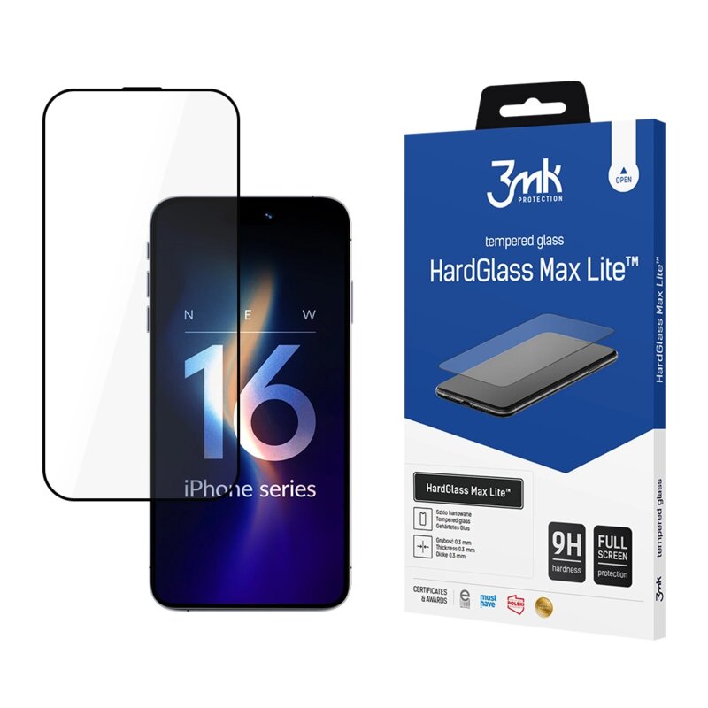 Folie sticla iPhone 17 3mk HardGlass Tempered Screen Protector, negru