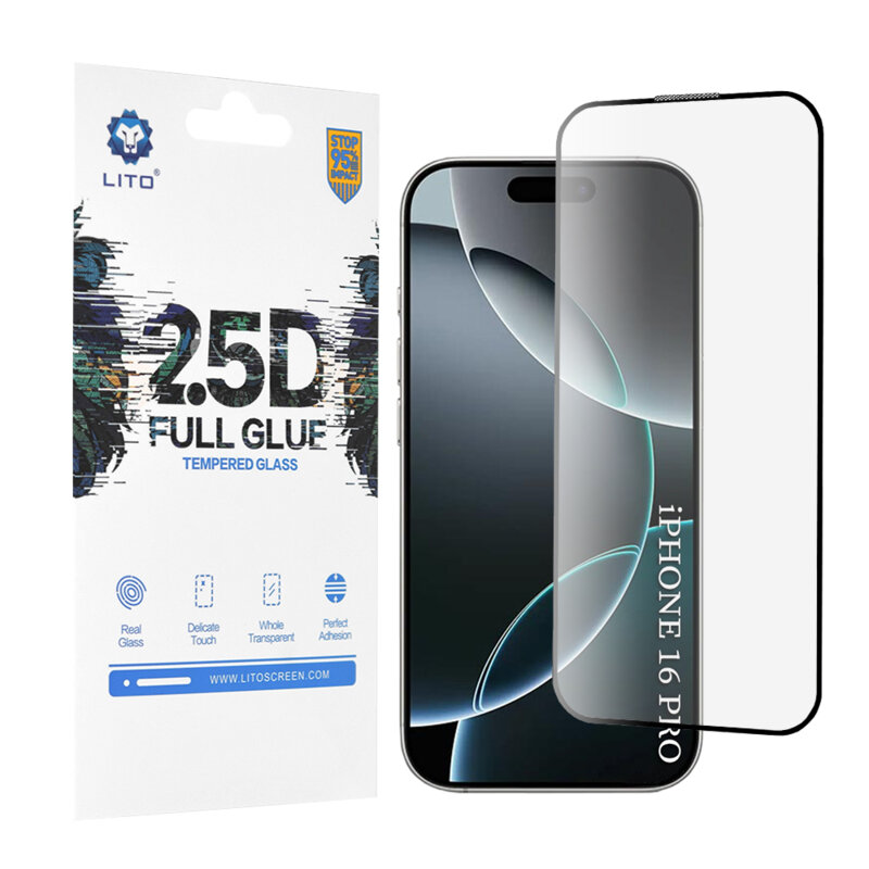Folie sticla iPhone 16 Pro Lito 2.5D Full Glue, negru