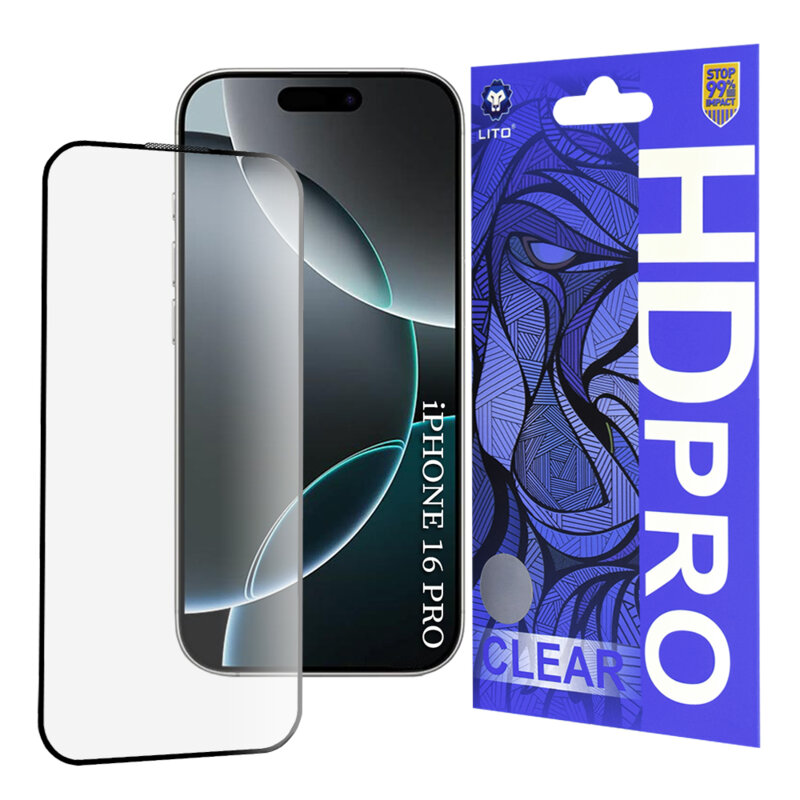 Folie sticla iPhone 16 Pro Lito HD Pro Clear, negru