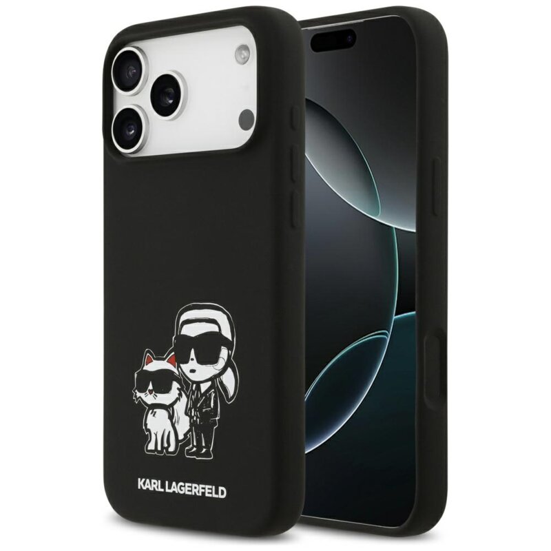 Husa Karl Lagerfeld iPhone 17 Pro Max Silicone Sketch & Logo, Karl&Choupette, negru, KLHMP17XSKCGRGOK