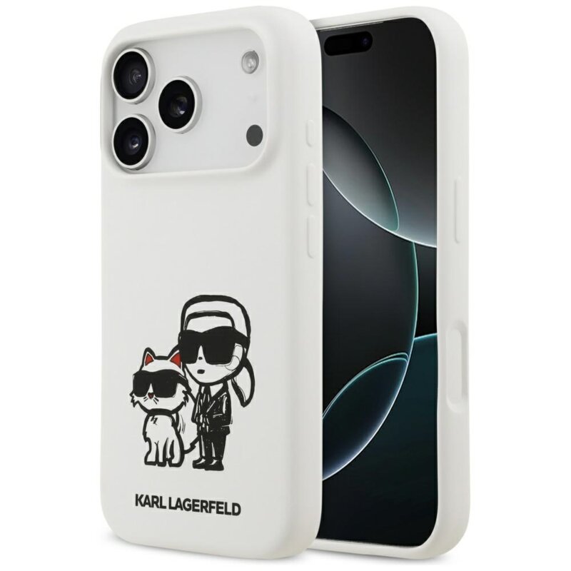 Husa Karl Lagerfeld iPhone 17 Pro Silicone Sketch & Logo, Karl&Choupette, alb, KLHMP17LSKCGRGOH
