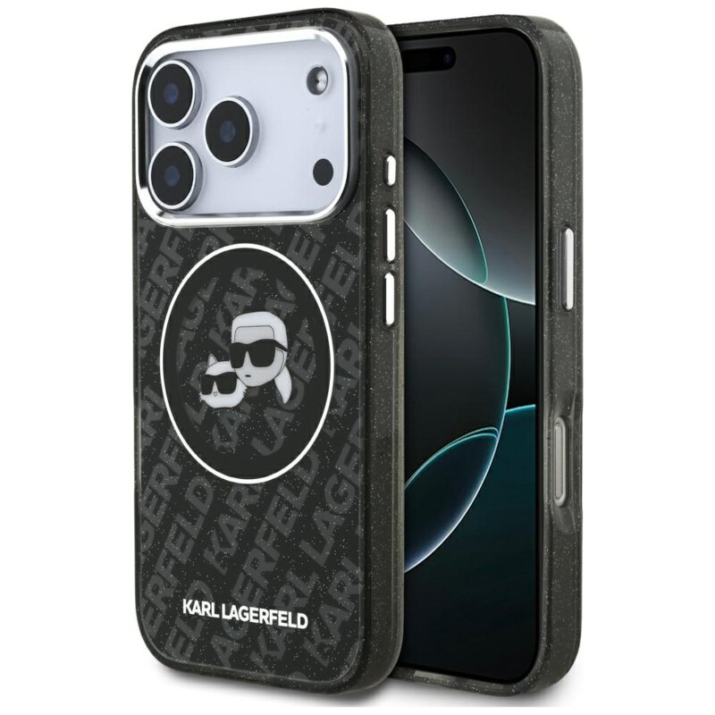 Husa Karl Lagerfeld iPhone 17 Pro Glitter MagSafe, Karl&Choupette Head, negru, KLHMP17LHMKBKCHOK