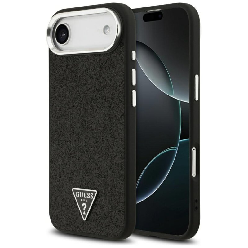 Husa Guess Glitter Triangle Logo MagSafe iPhone 17 Air cu sclipici, negru, GUHMP17MPFGTSCMK