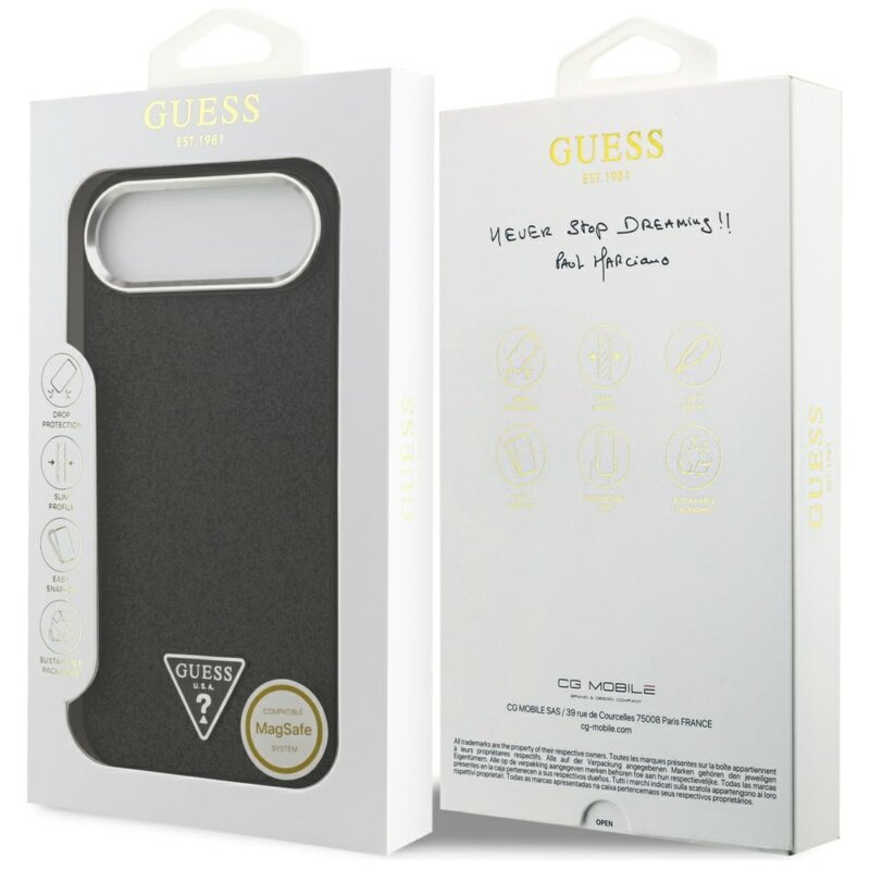 Husa Guess Glitter Triangle Logo MagSafe iPhone 17 Air cu sclipici, negru, GUHMP17MPFGTSCMK
