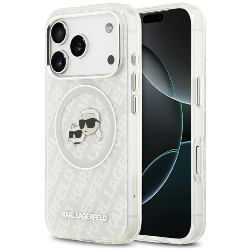 Husa Karl Lagerfeld iPhone 17 Pro Max Glitter MagSafe, Karl&Choupette Head, alb, KLHMP17XHMKBKCHOG