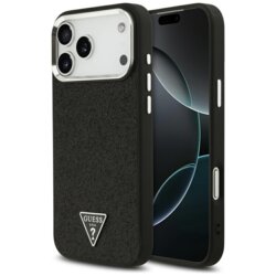 Husa Guess Glitter Triangle Logo MagSafe iPhone 17 Pro Max cu sclipici, negru, GUHMP17XPFGTSCMK