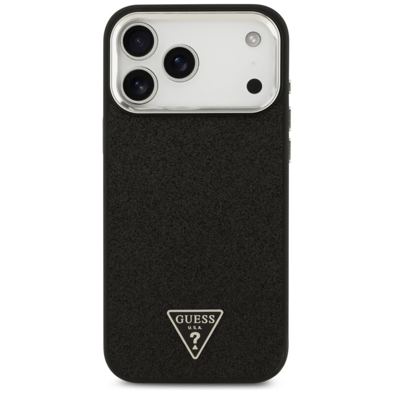 Husa Guess Glitter Triangle Logo MagSafe iPhone 17 Pro Max cu sclipici, negru, GUHMP17XPFGTSCMK