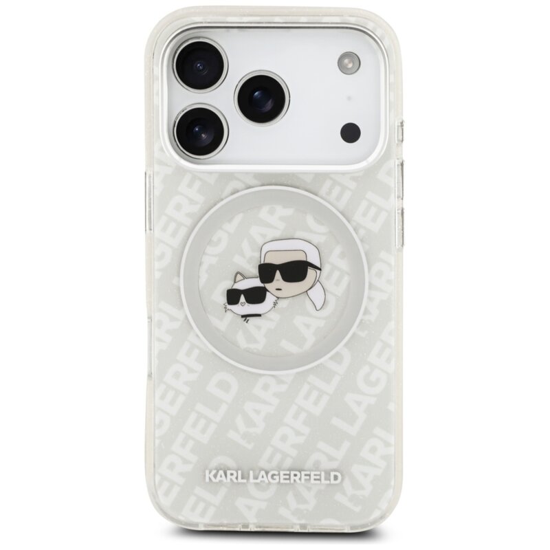 Husa Karl Lagerfeld iPhone 17 Pro Glitter MagSafe, Karl&Choupette Head, alb, KLHMP17LHMKBKCHOG