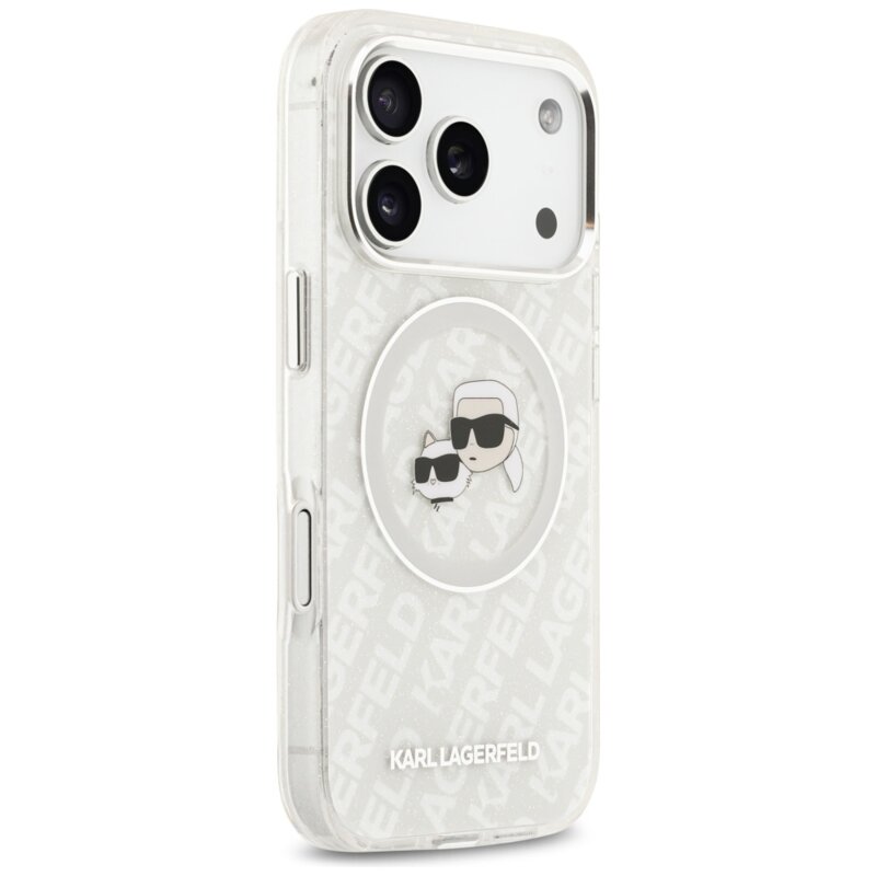 Husa Karl Lagerfeld iPhone 17 Pro Glitter MagSafe, Karl&Choupette Head, alb, KLHMP17LHMKBKCHOG