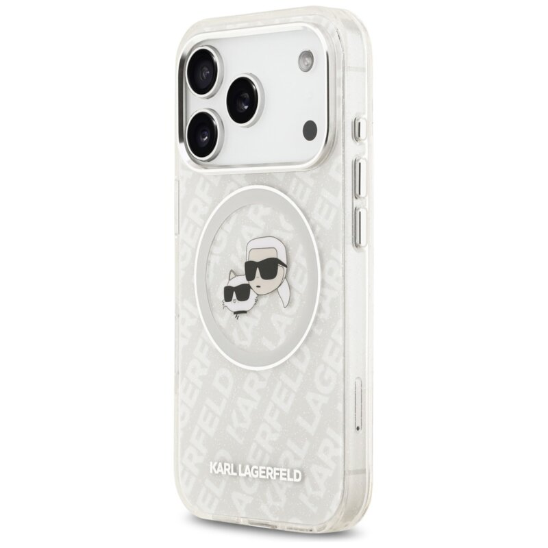 Husa Karl Lagerfeld iPhone 17 Pro Glitter MagSafe, Karl&Choupette Head, alb, KLHMP17LHMKBKCHOG