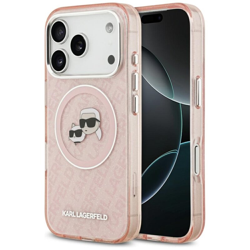 Husa Karl Lagerfeld iPhone 17 Pro Max Glitter MagSafe, Karl&Choupette Head, roz, KLHMP17XHMKBKCHOP