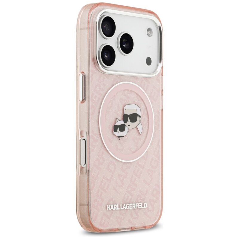 Husa Karl Lagerfeld iPhone 17 Pro Max Glitter MagSafe, Karl&Choupette Head, roz, KLHMP17XHMKBKCHOP