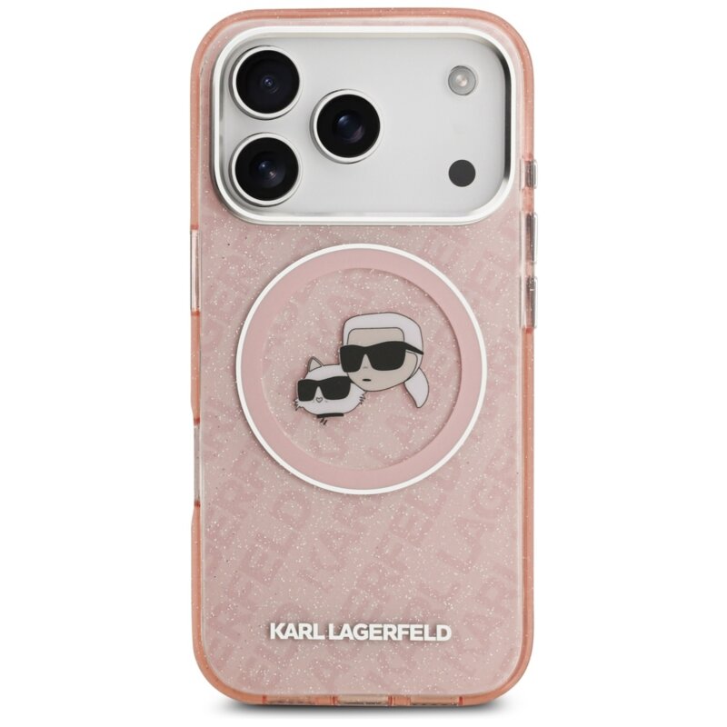 Husa Karl Lagerfeld iPhone 17 Pro Max Glitter MagSafe, Karl&Choupette Head, roz, KLHMP17XHMKBKCHOP
