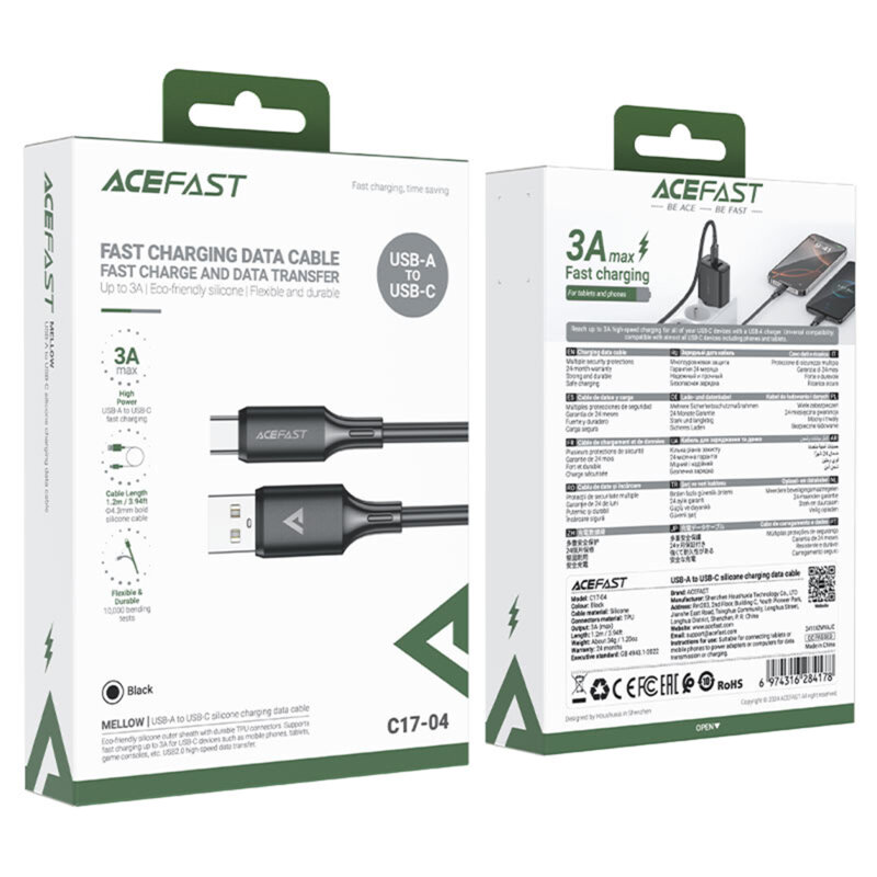 Cablu USB la tip C Fast Charge, 3A Acefast, C17-04, 1.2m