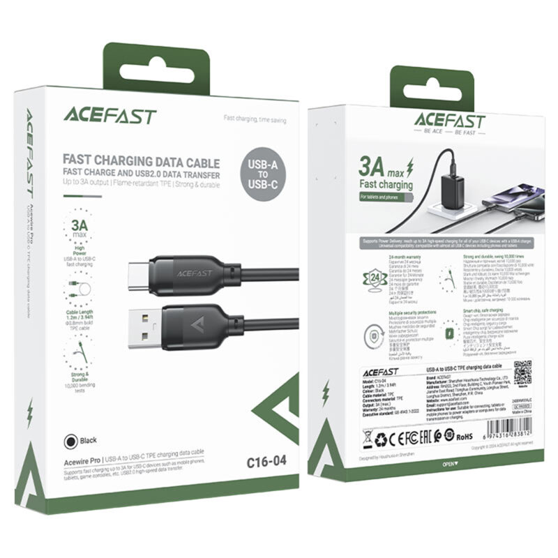 Cablu alimentare USB, tip C, 3A Acefast, C16-04, negru, 1.2m