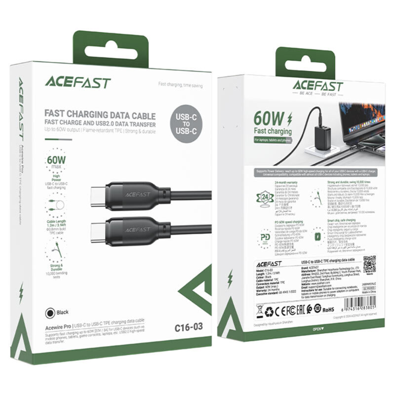 Cablu alimentare tip C, 60W, 3A Acefast, C16-03, negru, 1.2m