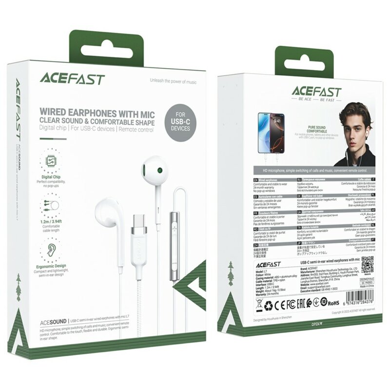 Casti half-in-ear Type-C cu microfon HD Acefast L7, 1.2m, alb