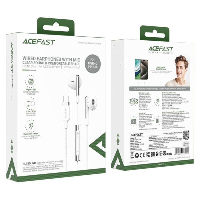 Casti half-in-ear USB-C, microfon, anti-vant Acefast L3, 1.2m, alb
