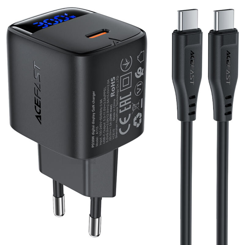 Incarcator GaN tip C + cablu Type-C, Acefast A115, 30W, negru