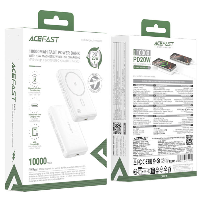 Power bank MagSafe 10000mAh, PD20W Acefast, alb, M26-10000