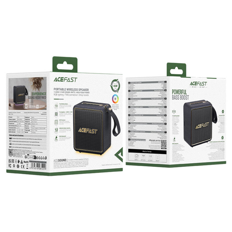 Boxa portabila Bluetooth TWS, IPX6 Acefast K3 Nano, 2600mAh, negru