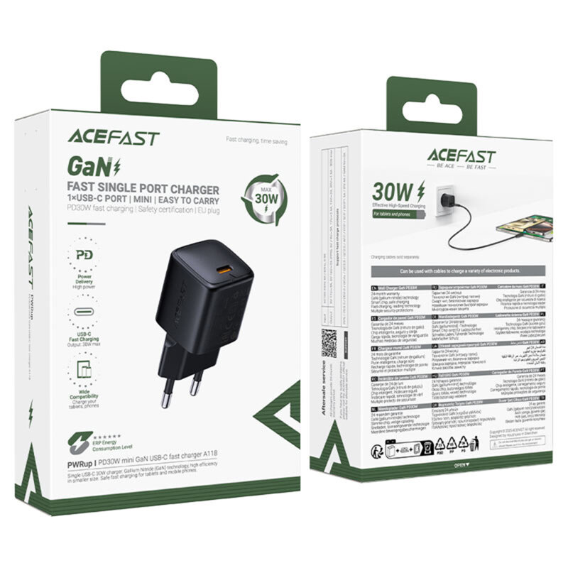 Incarcator GaN Type-C + cablu Lightning, 30W Acefast A118, negru