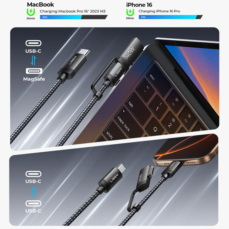 Cablu de date magnetic 3in1 Fast Charge Type-C Lisen, 140W, gri