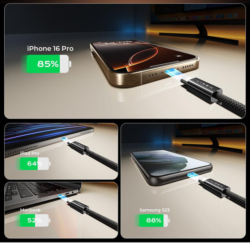 [Pachet 5x] Cablu de incarcare tip C Lisen, 60W, 1/2/3m, negru