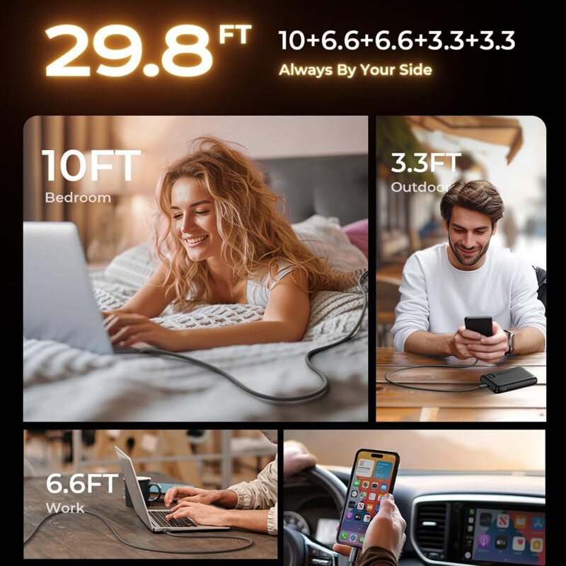 [Pachet 5x] Cablu de incarcare tip C Lisen, 60W, 1/2/3m, negru