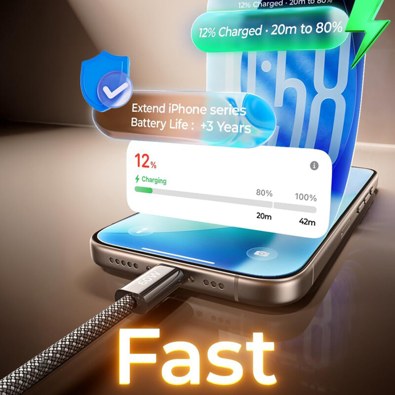 [Pachet 5x] Cablu de incarcare tip C Lisen, 60W, 1/2/3m, negru