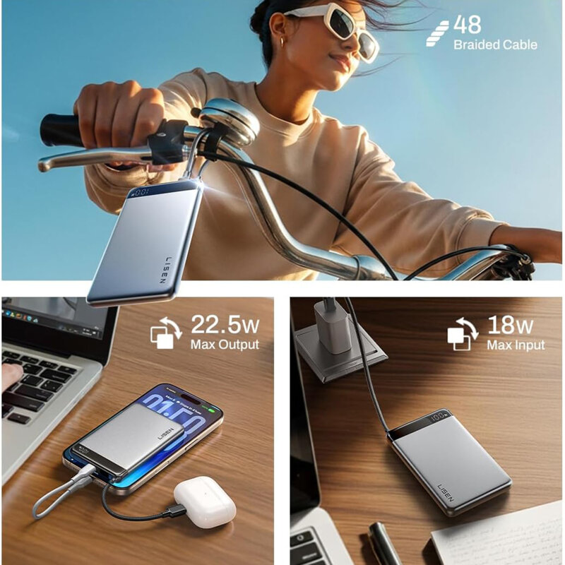 Baterie externa cu cablu tip C 22.5W Lisen, 10000mAh, gri
