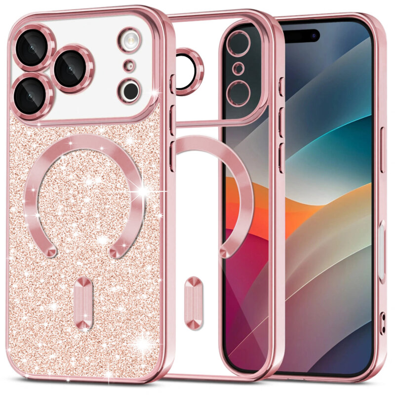 Husa premium iPhone 17 Pro Max Techsuit Luxury Glitter MagSafe, roz auriu