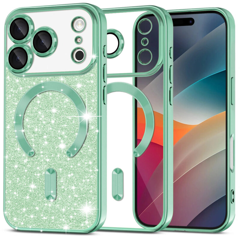 Husa premium iPhone 17 Pro Max Techsuit Luxury Glitter MagSafe, verde deschis