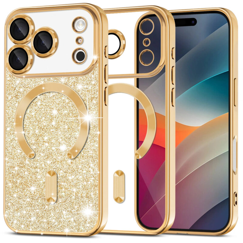 Husa premium iPhone 17 Pro Max Techsuit Luxury Glitter MagSafe, auriu