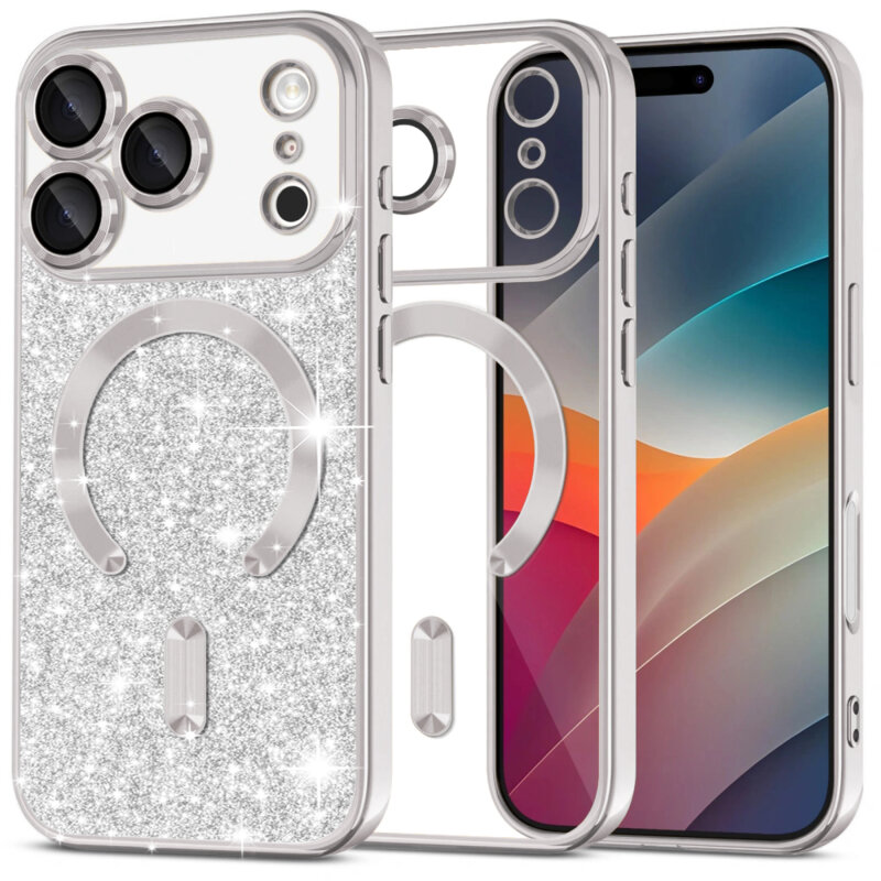 Husa premium iPhone 17 Pro Max Techsuit Luxury Glitter MagSafe, argintiu