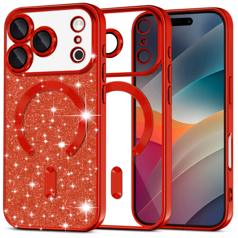 Husa premium iPhone 17 Pro Max Techsuit Luxury Glitter MagSafe, rosu