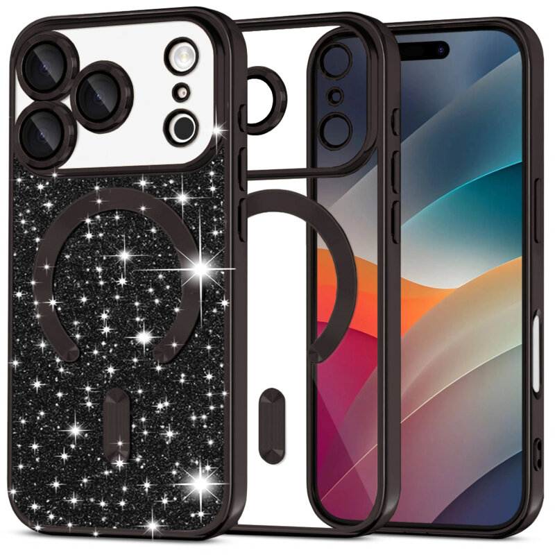 Husa premium iPhone 17 Pro Max Techsuit Luxury Glitter MagSafe, negru