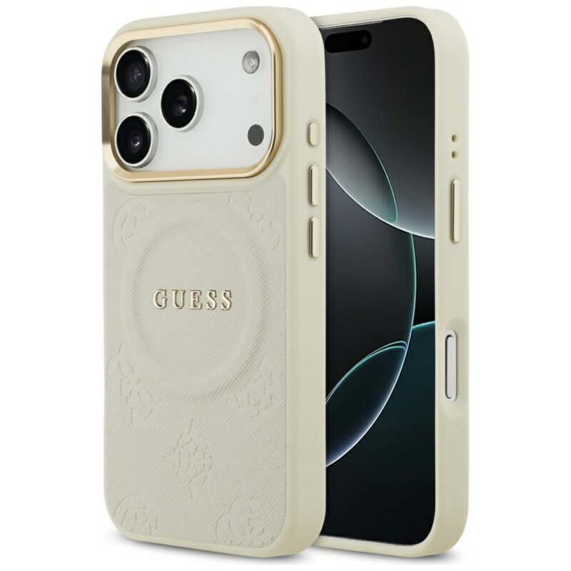 Husa iPhone 17 Pro Guess Peony Hot Stamp MagSafe, bej, GUHMP17LPSAMSECE
