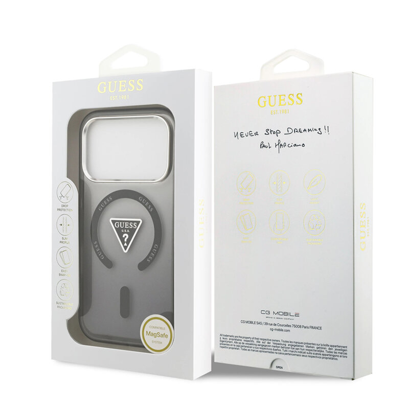 Husa iPhone 17 Pro originala Guess IML Gradient Triangle Logo MagSafe, negru, GUHMP17LHGTMLCGK