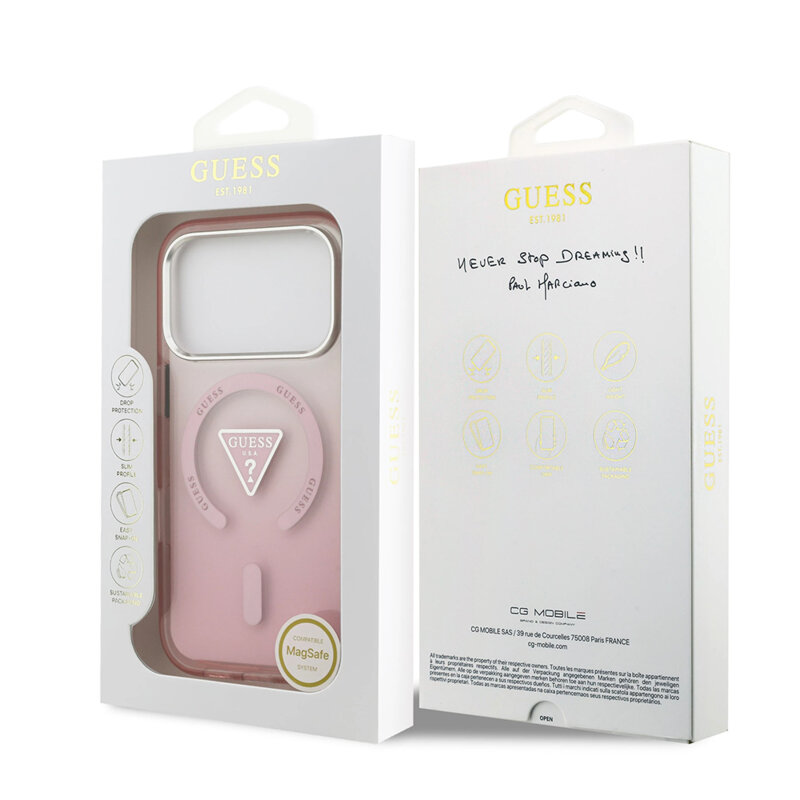 Husa iPhone 17 Pro originala Guess IML Gradient Triangle Logo MagSafe, roz, GUHMP17LHGTMLCGP