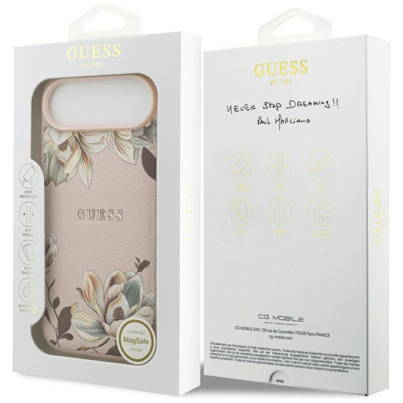 Husa iPhone 17 Air Guess Grained Flowers MagSafe, roz, GUHMP17MPGNMPLMP
