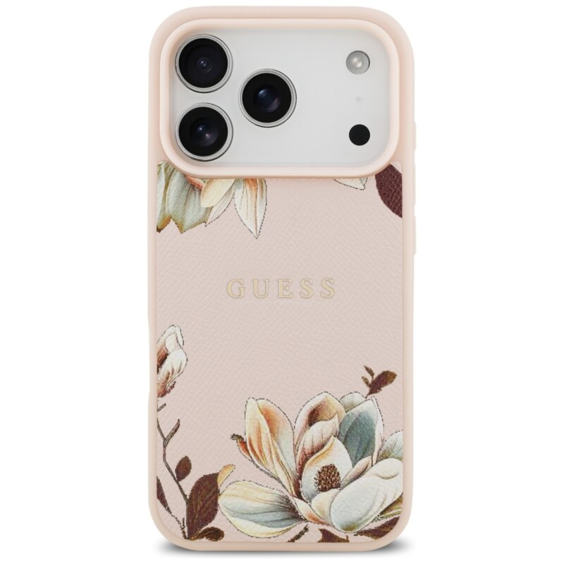 Husa iPhone 17 Pro Guess Grained Flowers MagSafe, roz, GUHMP17LPGNMPLMP